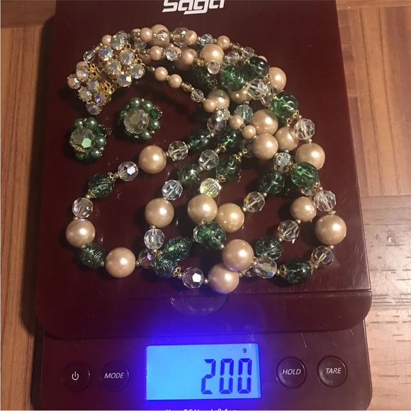 Lisner Vintage Necklace Clip Earring Set Costume  Aurora Borealis Crystal Pearl - Picture 5 of 10